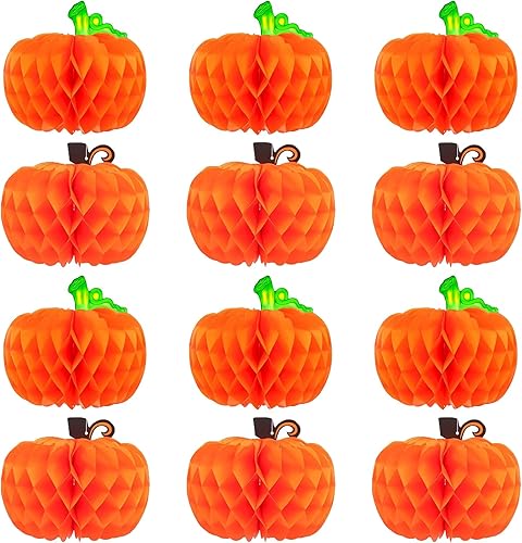 Paquete de 12 centros de mesa de calabazas de otoño para mesas de 10 pulgadas, bola de tejido de panal de abeja para colgar, calabazas colgantes de