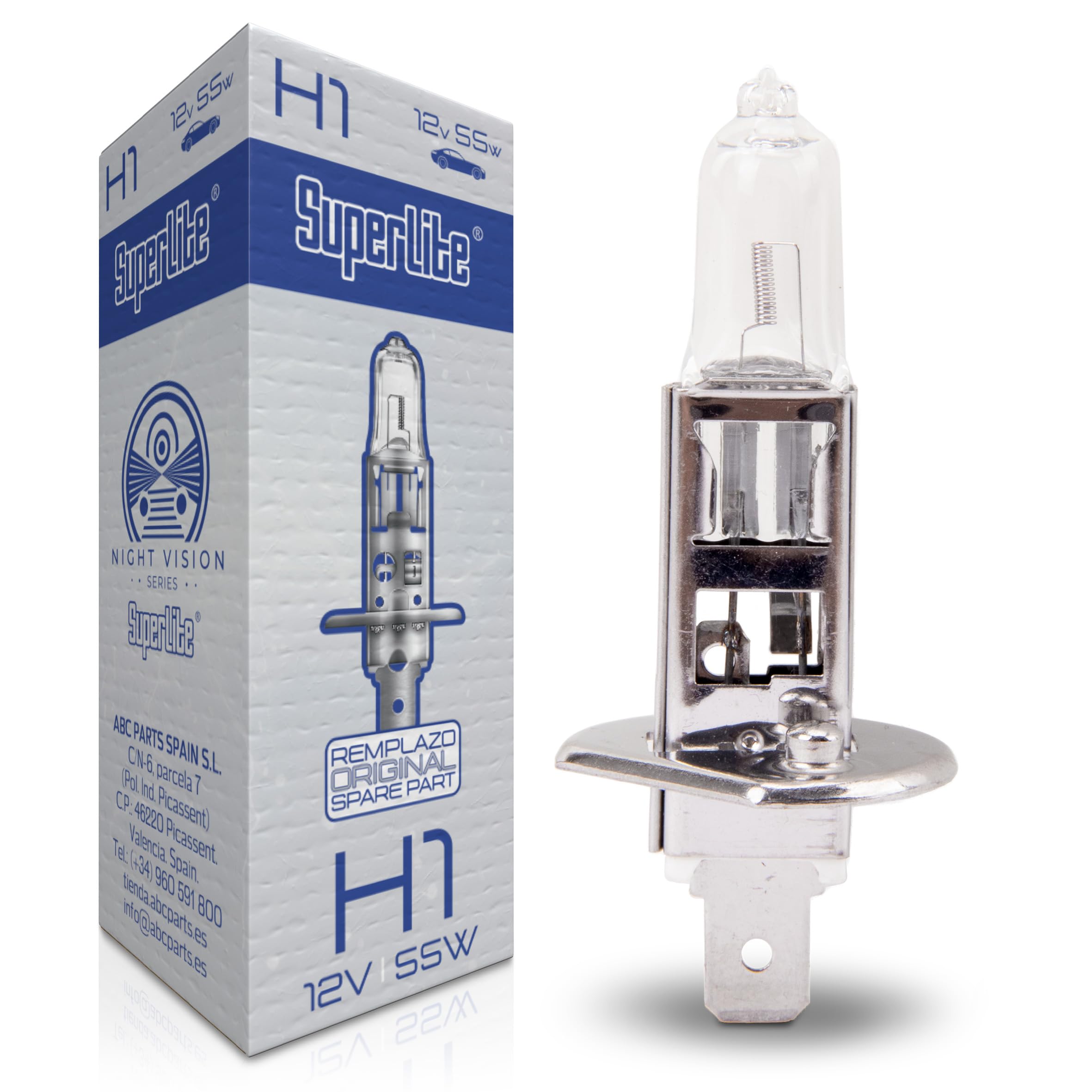 Superlite H1 12V 55W halogen bulb for the main headlights of the Night Vision range. E1 R37/03 approval and RoHs and CE certification. Exceptional durability and luminosity.