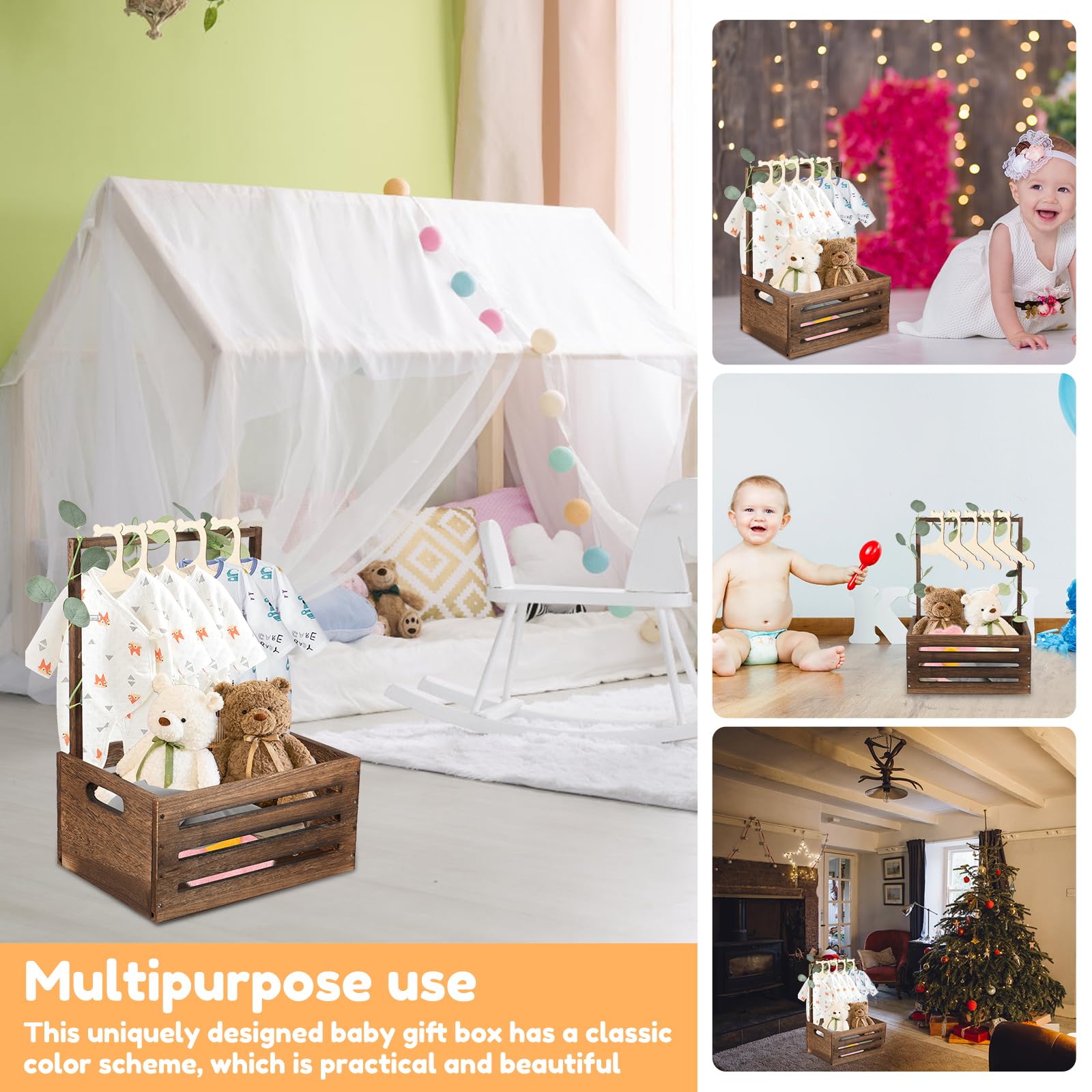 Panier pour cadeaux en bois, pour fête prénatale, avec 5 cintres, panier pour bébé avec poignée, panier cadeau de fête prénatale en bois, panier à linge, cadeau de fête prénatale (style 6)