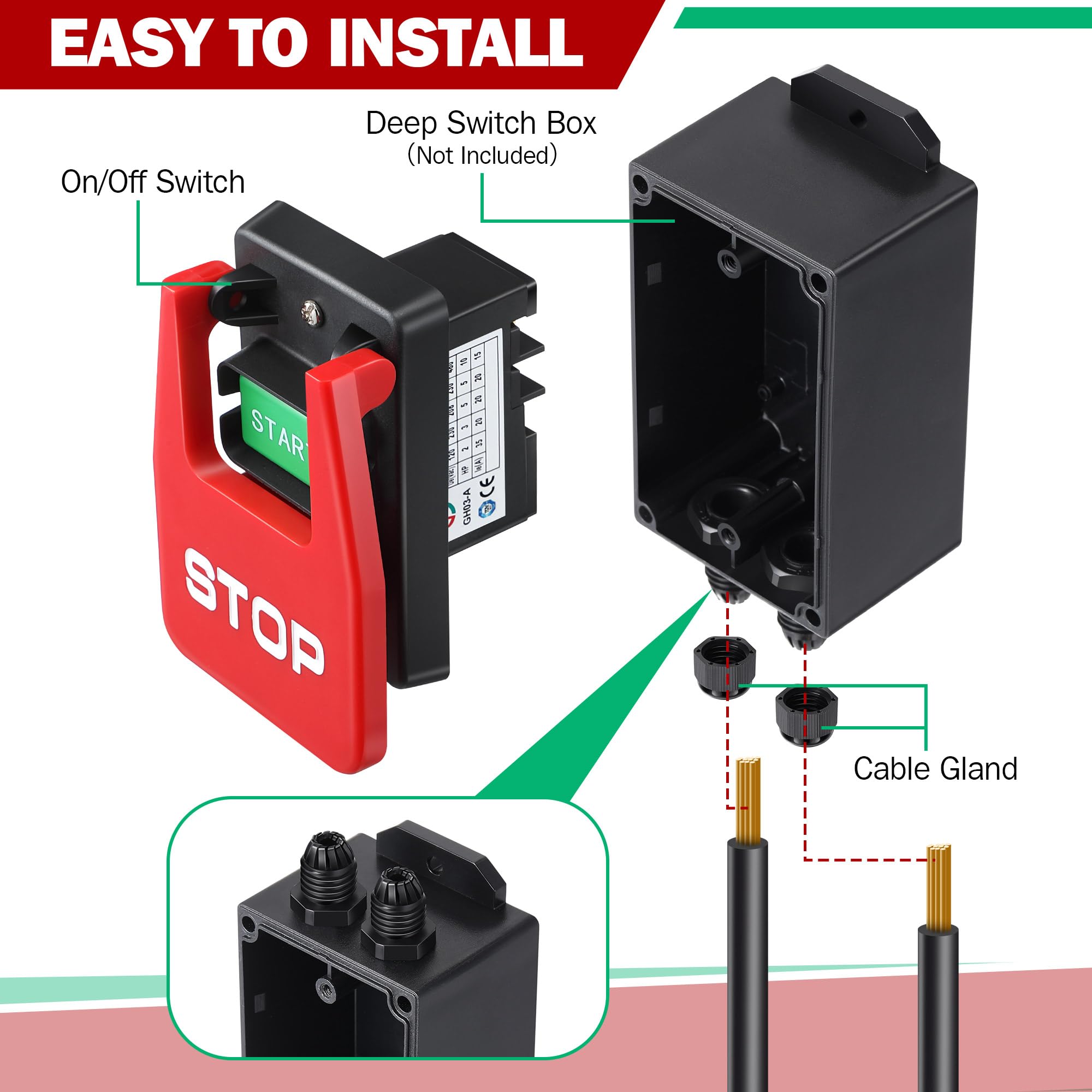 Dreyoo Interruttore on/off monofase da 120/230 V, interruttore on/off efficiente da 120 V 2 HP, interruttori di alimentazione di sicurezza con grande segnale di arresto a pagaia facile contatto per