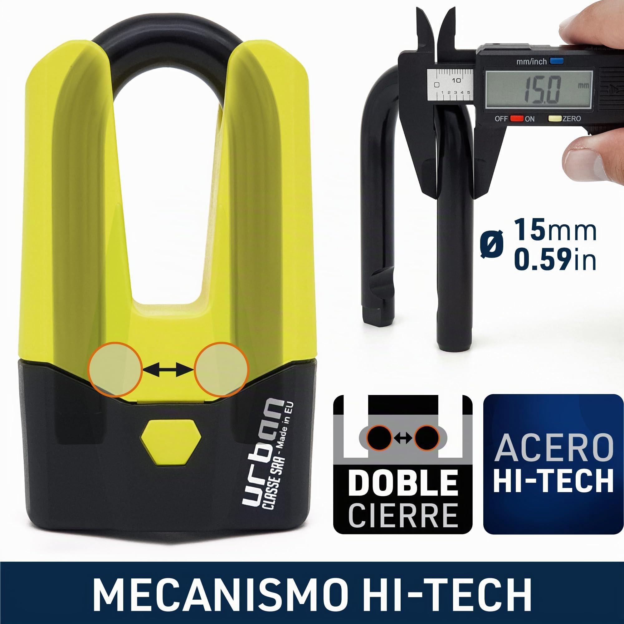 URBAN U9DY Candado Moto Disco Mini U Homologado SRA, Máxima Seguridad Completamente Testado, Horquila ø15 Doble Cierre, Cerradura Alta Seguridad, Antirrobo Universal para Motocicleta Scooter Bicicleta