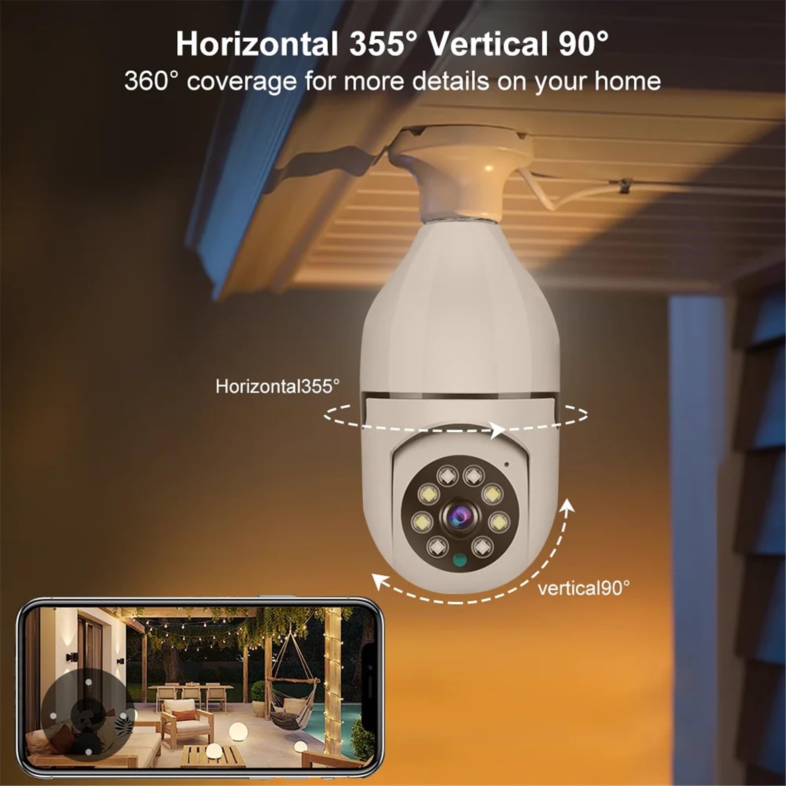 Caméra Ampoule HD E27 Couleur Vision Nocturne WiFi caméra intérieure Alarme vocale Audio bidirectionnel AI Suivi de Mouvement IP,Tranquillité d'esprit Toujours(Cam Add 128G Card)