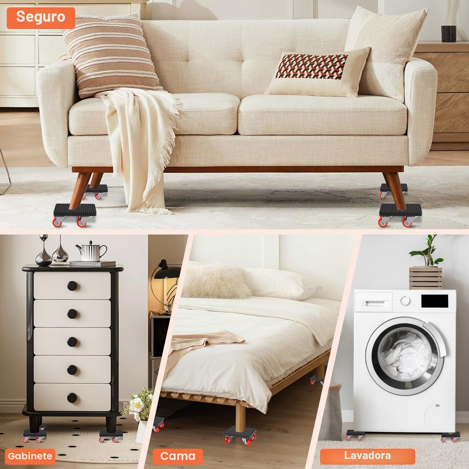 Kit Eelevador de Muebles Pesados, Juego de Ruedas de Transporte para Muebles, Transportador de Muebles con 4 Ruedas y Elevador, Carga Máxima 500kg, Ruedas para Mover Muebles y Objetos Pesados