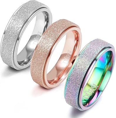 DURSI 3Pcs Spinner Ring for Women Girls Kids Fashion Stainless Steel Fidget Ring for Anxiety Sand Blast Finish Rose Gold Silver Rainbow Color 6MM (9)