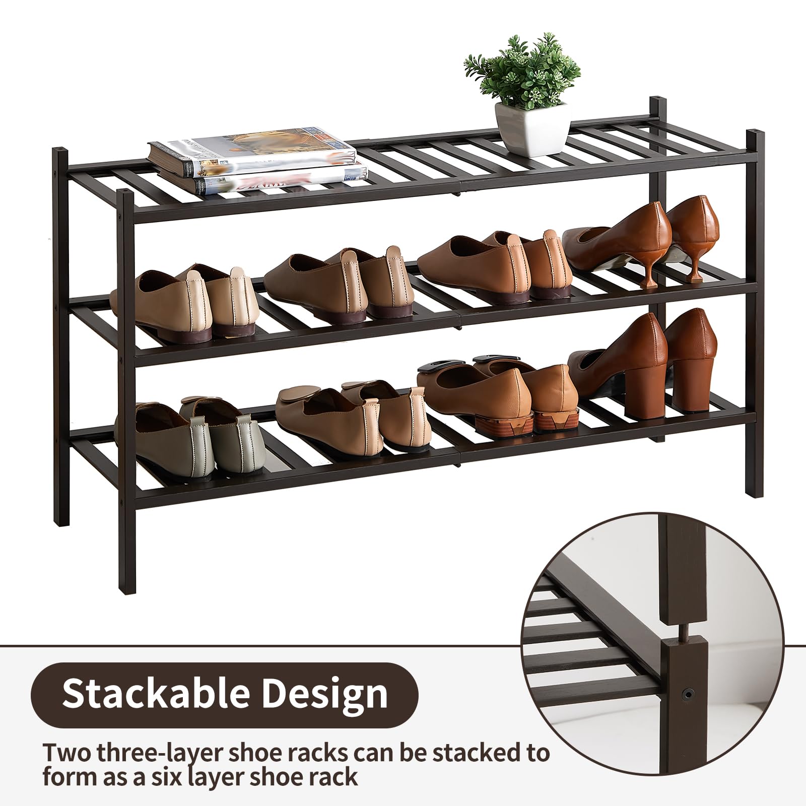 Langes Schuhregal, 3-stöckiges Bambus-Schuhregal, stapelbar, Schuhregal, Organizer, Schuhständer für Schrank, Eingang und Flur