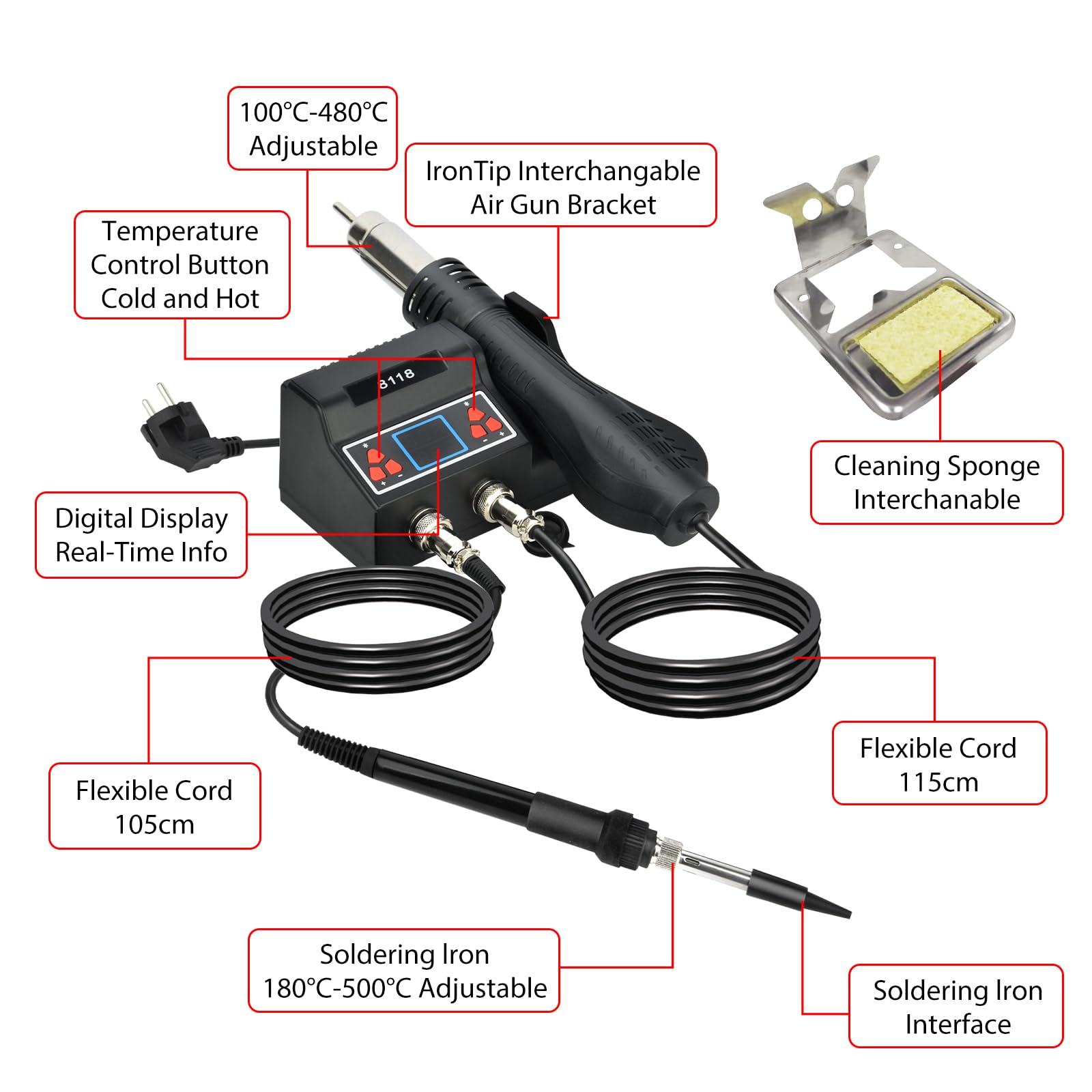 AUOKAI Saldatore professionale 2 in 1 700 W con temperatura regolabile 180-500 ℃, display LCD, 3 punte
