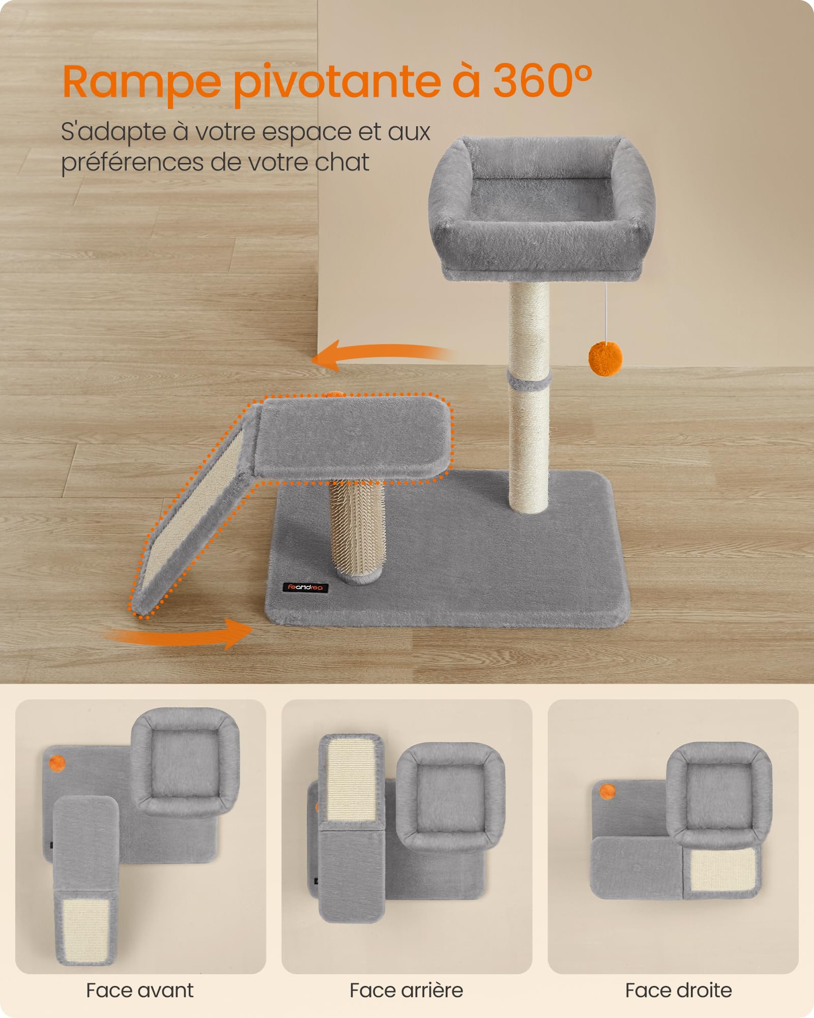 Feandrea Griffoir pour Chat avec Lit, Griffoir Multifonctionnel avec Rampe de Grattage Pivotante, Perchoir, Toilettage Autonome, Pompons, Petit Arbre à Chat, Gris Clair PCA024G01