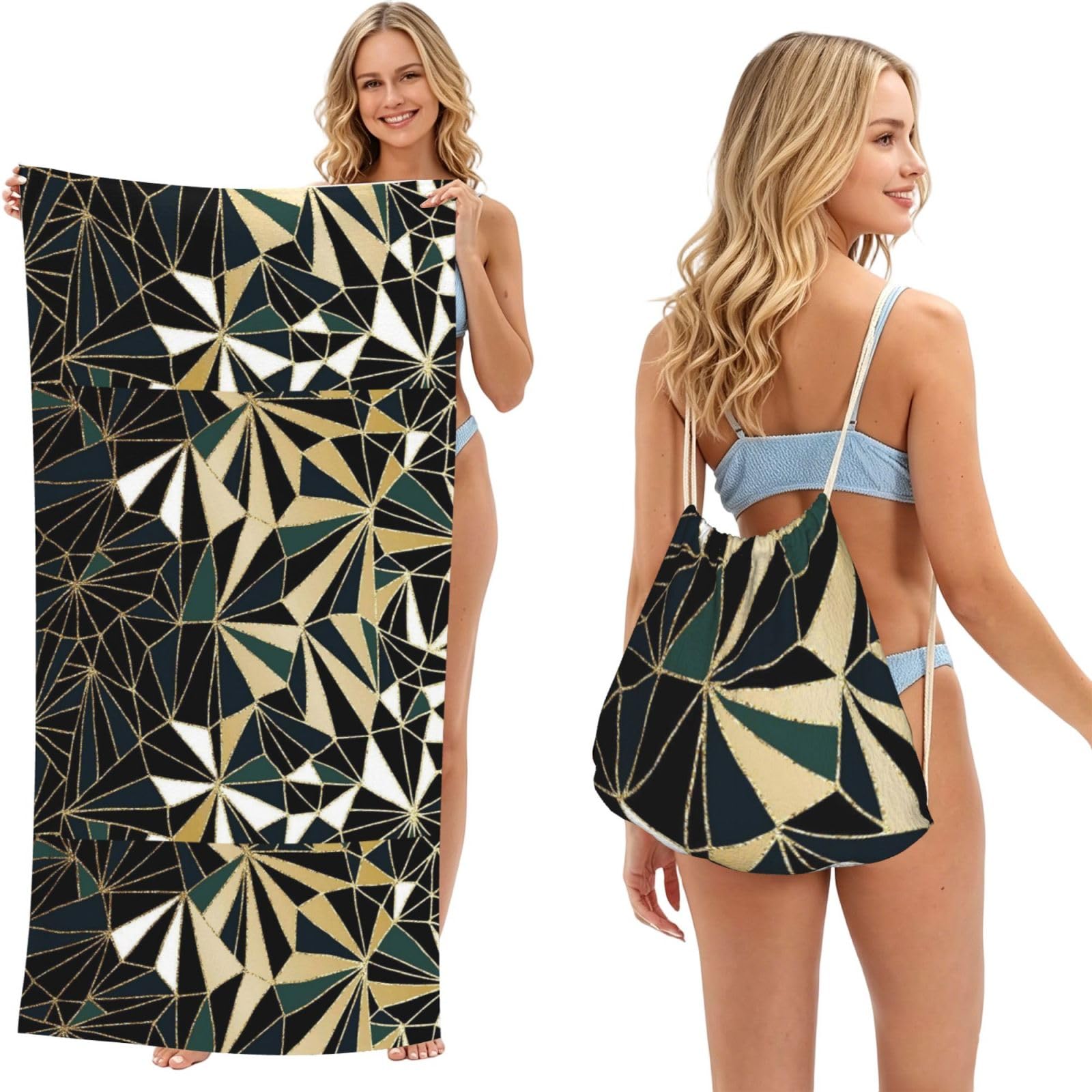 Poadnly As Picture New Art Deco Geometric Pattern Emerald Green And Gold, 2 In 1 Packable Towel Bag, Beach Towels With Drawstring Backpack For Travel Holiday Camping