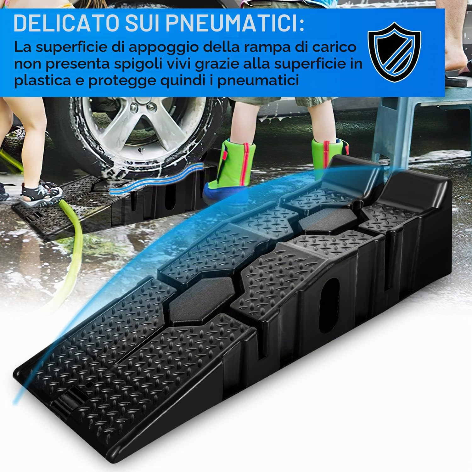 Herrselsam Set di 4 rampe di sollevamento per auto, in plastica, portata fino a 3 tonnellate, antiscivolo, con protezione anti-attraversamento per auto e veicoli