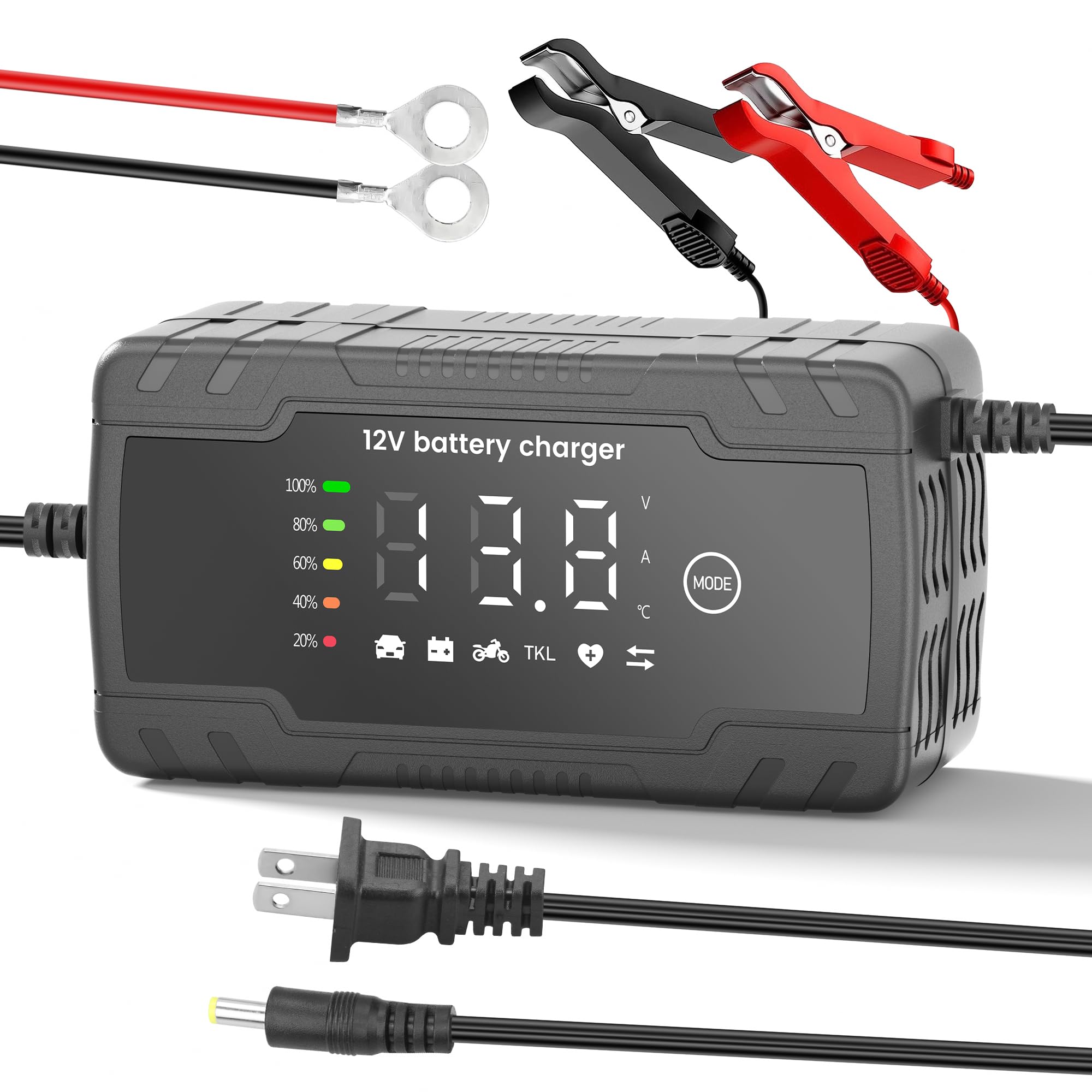 Arkare Battery Charger 12V 6 Amp Car Battery Charger 12V 12FT Smart Trickle Charger for Car Battery 8-Stage Automotive Battery Maintainer with Temp Compensation for Lead-Acid Lawn Mowers