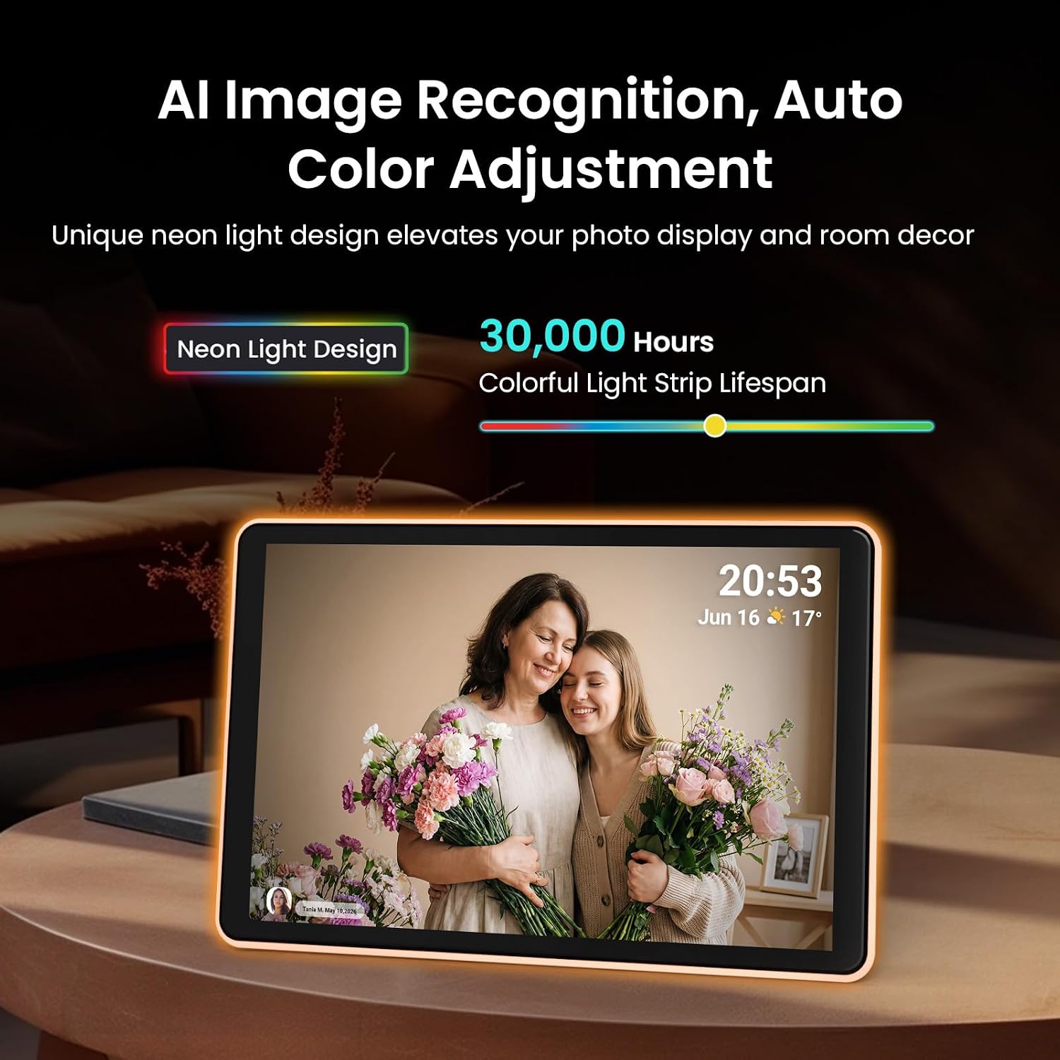 ApoloSign Neon Light Digital Picture Frame, Desk Digital Calendar, Auto-synced Schedule via Frameo App - 10.1" HD Touchscreen | AI Color-Changing LED | Share Photo/Video Instantly | Gift for Parents