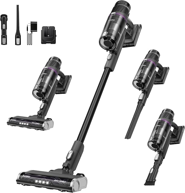 Aspirateur sans fil Eureka puissant pour sols durs et poils d'animaux, léger, portable, aspirateur à stick et à main pratique avec phare LED, Noir, ReactiClean NEC440BK avec brosse anti-enchevêtrement