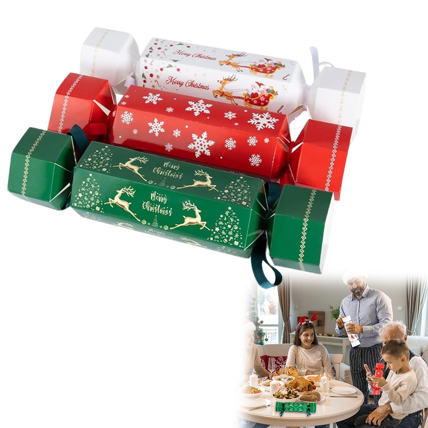 30 Packs Christmas Crackers, Make Your Own Christmas Crackers Kit, DIY Luxury Xmas Crackers Bulk, No Snap Xmas Party Crackers with Candy Boxes, Riddle Cards & Ribbons for Family, School & Holiday