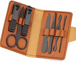 7-in-1 Manicure & Pedicure Grooming Kit — Matte Black Stainless Steel Tools in Compact Brown Faux-Leather Travel Case