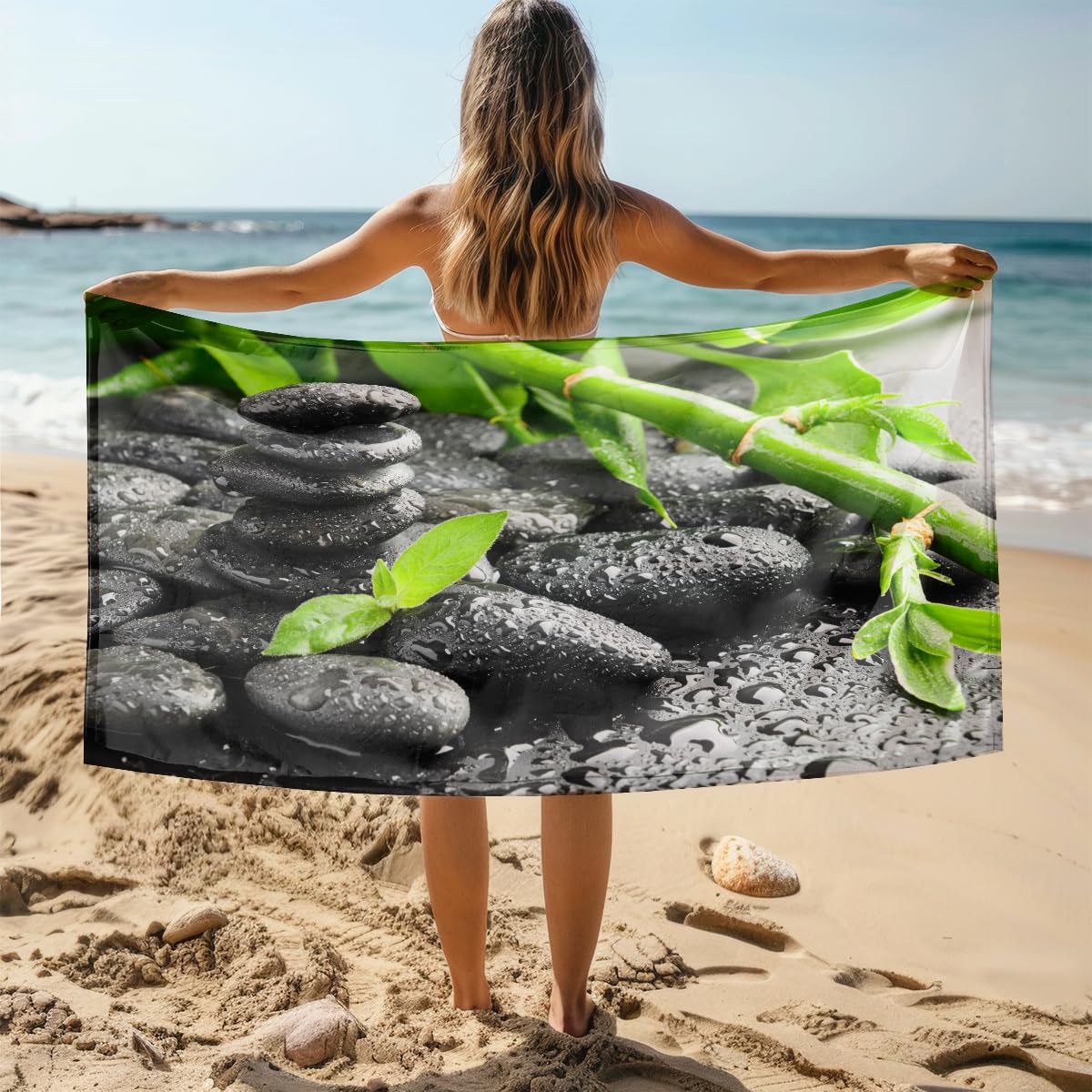 Strandtuch Bambus Schwarzem Stein Mikrofaser Handtuch Schnelltrocknendes Wasserabsorbierend Strandhandtuch Groß Beach Towel Sandfrei Reisehandtuch Waschbar Strandtücher 90x180 cm