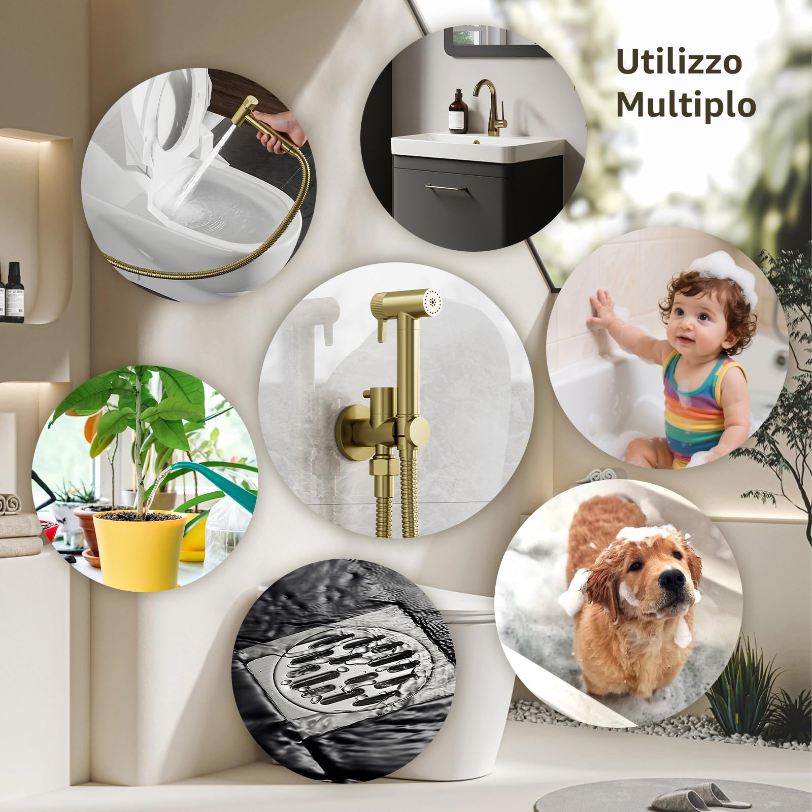 Doccetta per Bidet, 2 Modo de Agua Doccia Bidet, Non c'è Bisogno di Premere, Doccino per Bidet con Supporto e Tubo Flessibile, Adatto per L’igiene Personale/Pulizia del Bagno, Ottone