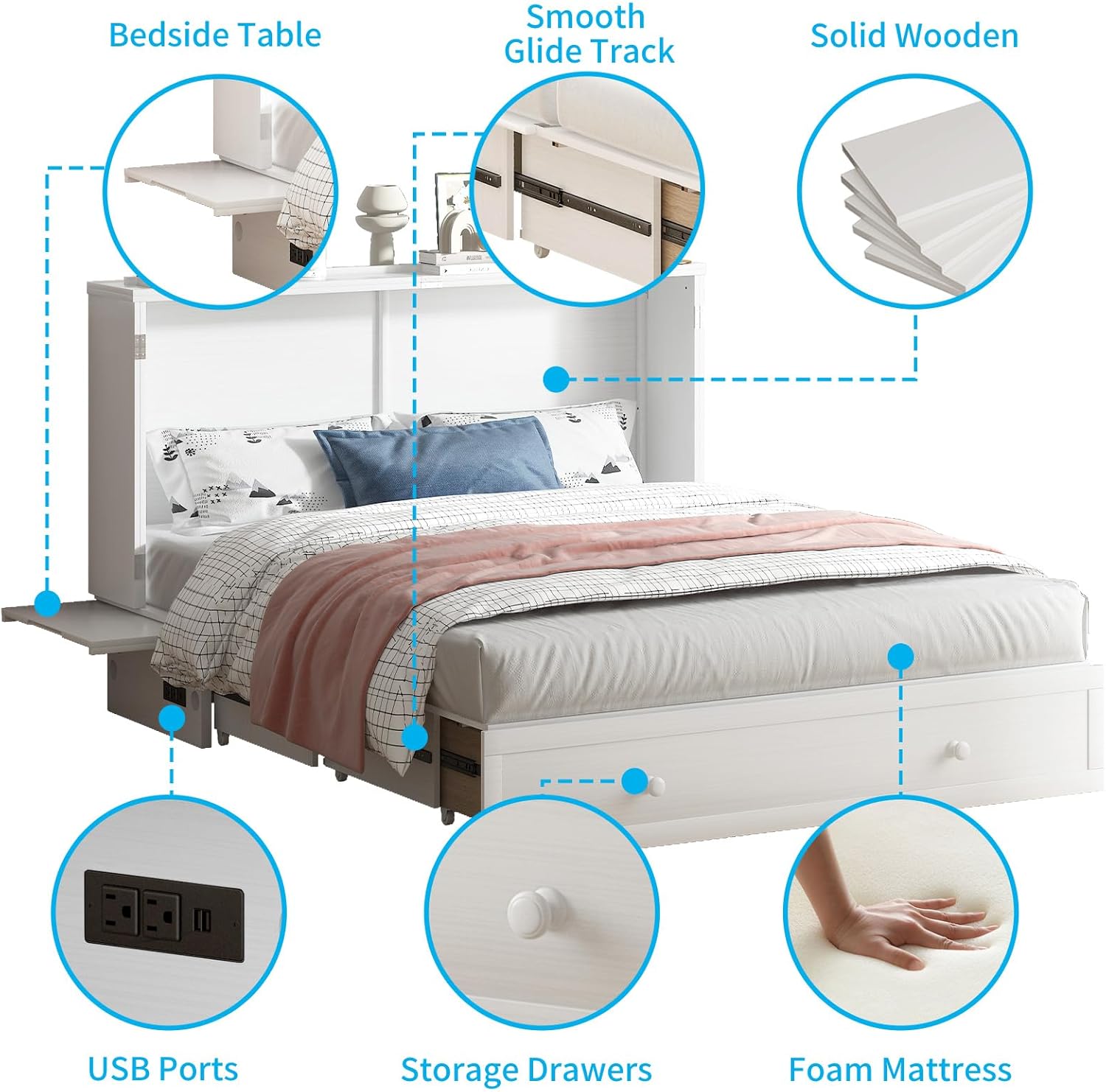 PUREMIND Queen Murphy Bed Cabinet, Murphy Bed with Mattress Included, Storage Drawer, Built-in Charging Station, Solid Wood Space-Saving Wallbed Hideaway Beds for Guest Room