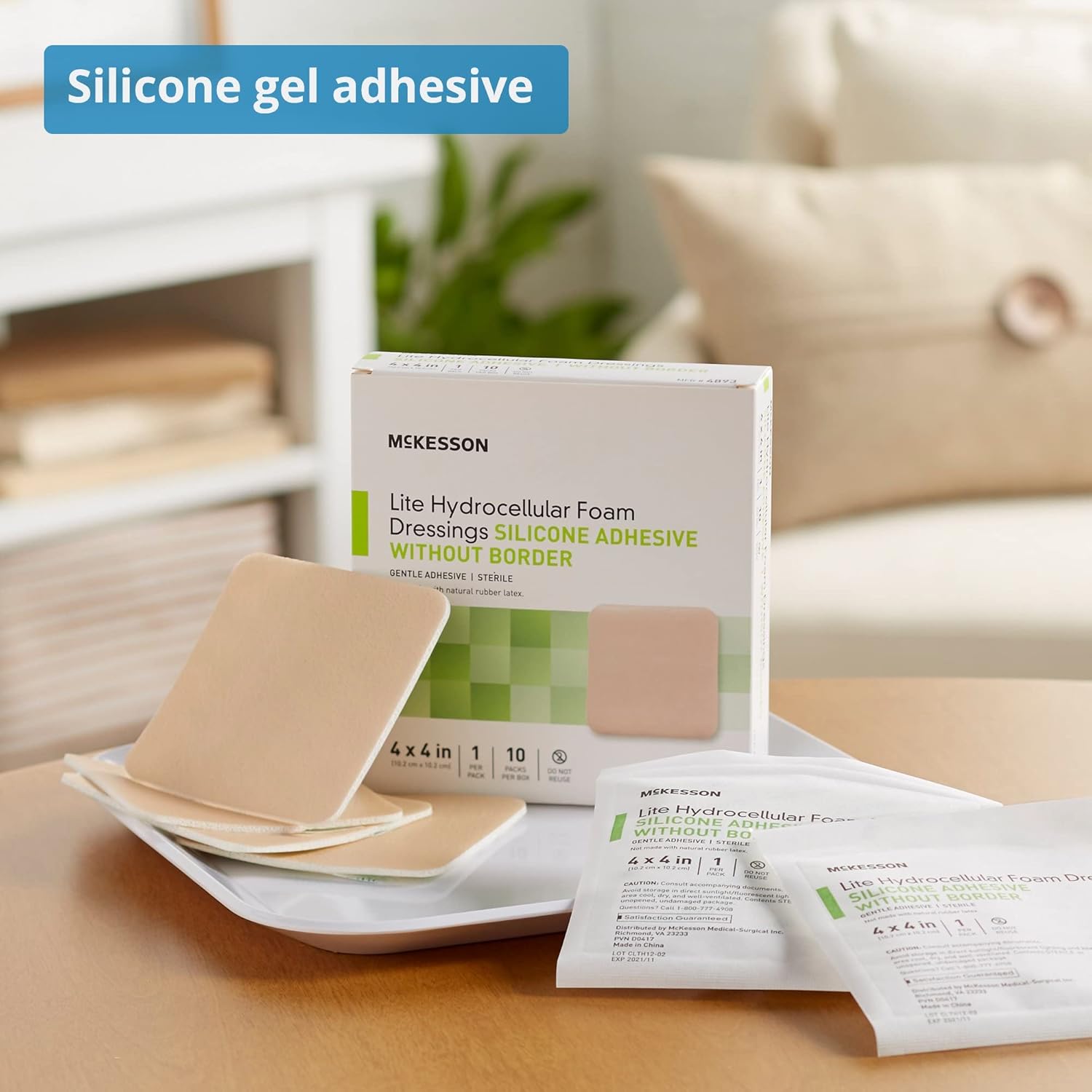 McKesson Lite Hydrocellular Foam Dressings, Sterile, Silicone Adhesive Without Border, 4 in x 4 in, 10 Count, 1 Pack
