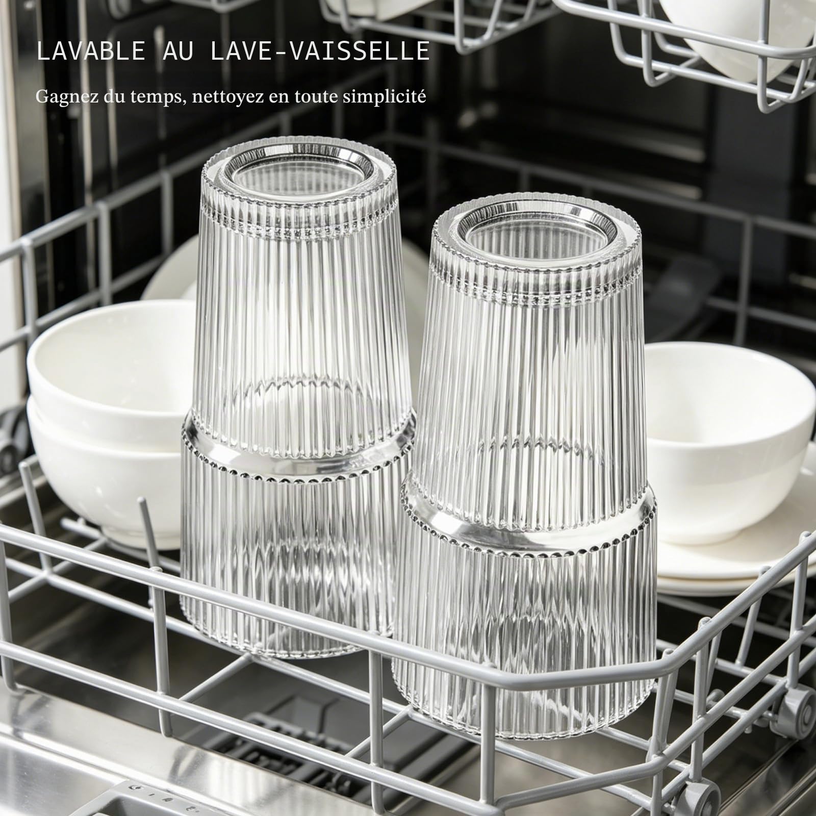 INSETLAN Lot de 4 gobelets en verre nervuré de 591 ml avec couvercles et pailles en verre – Paroi épaisse, idéal pour le café glacé, les smoothies, les cocktails et les jus – Vaisselle élégante et