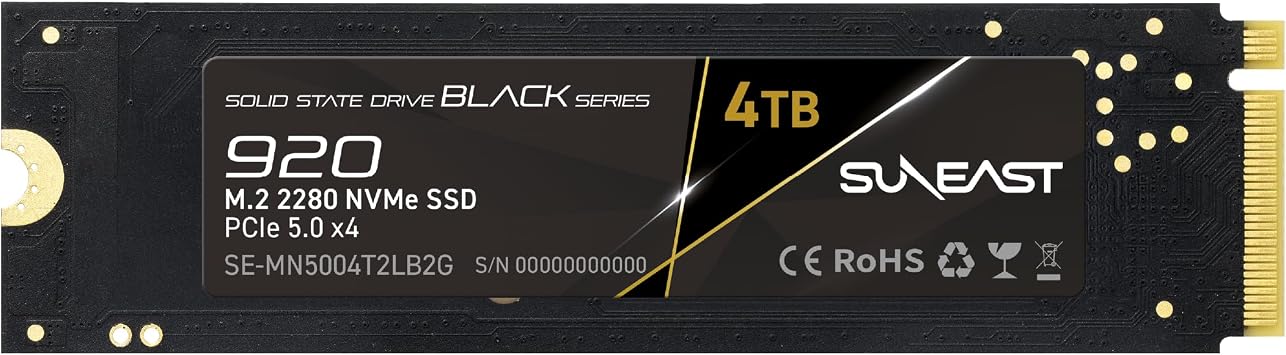 SUNEAST Black Series 4TB SSD Gen5, PCIe 5.0x4 NVMe M.2 2280 - Up to 14,800 MB/s Read, 13,200 MB/s Write, Solid State Drive for High-Performance Computing, Gaming and AI Workstations