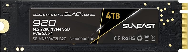 SUNEAST Black Series 4TB SSD Gen5, PCIe 5.0x4 NVMe M.2 2280 - Up to 14,800 MB/s Read, 13,200 MB/s Write, Solid State Drive for High-Performance Computing, Gaming and AI Workstations