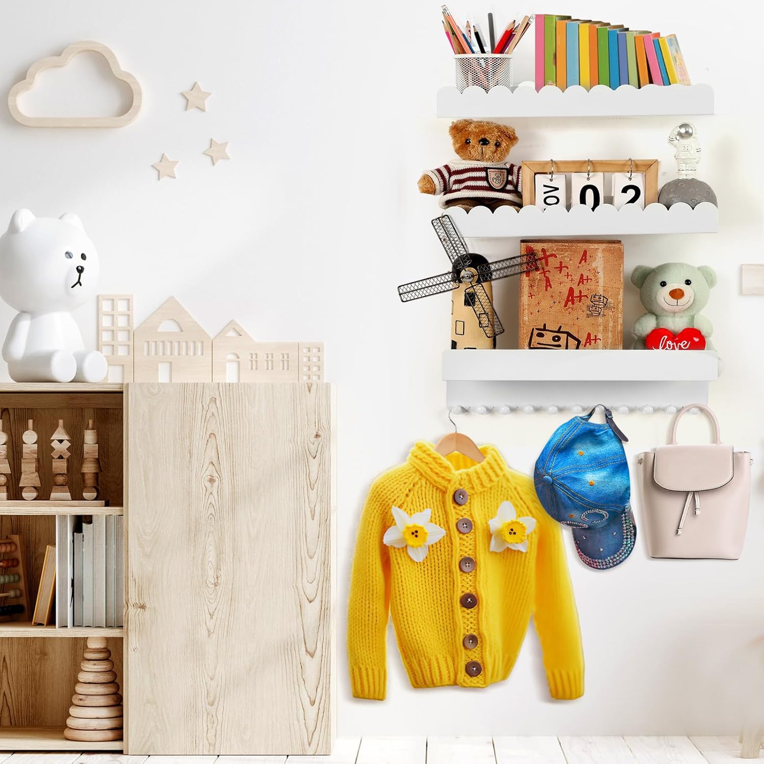 Fourluoo Nursery Book Shelves with Hooks Set of 3, Sturdy Metal Floating Scalloped Shelves for Nursery Wall Mounted White Book Shelf for Kids Room, Baby Bedroom, Bathroom, Playroom Decor, 16 Inch