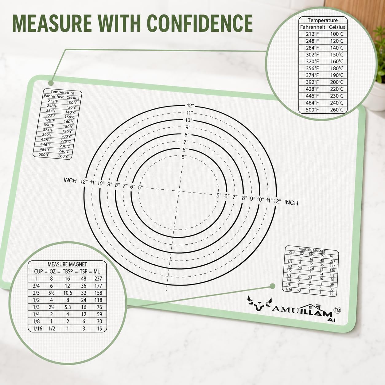 Silicone Baking Mat Set (2 Mats + Pastry Brush), Nonstick Reusable Liners with Measurements, 21 x 15 Inch Pastry Mat, 16.5 x 11.6 Inch Half Sheet Liner with Baking Brush, Oven Safe, Sage Green