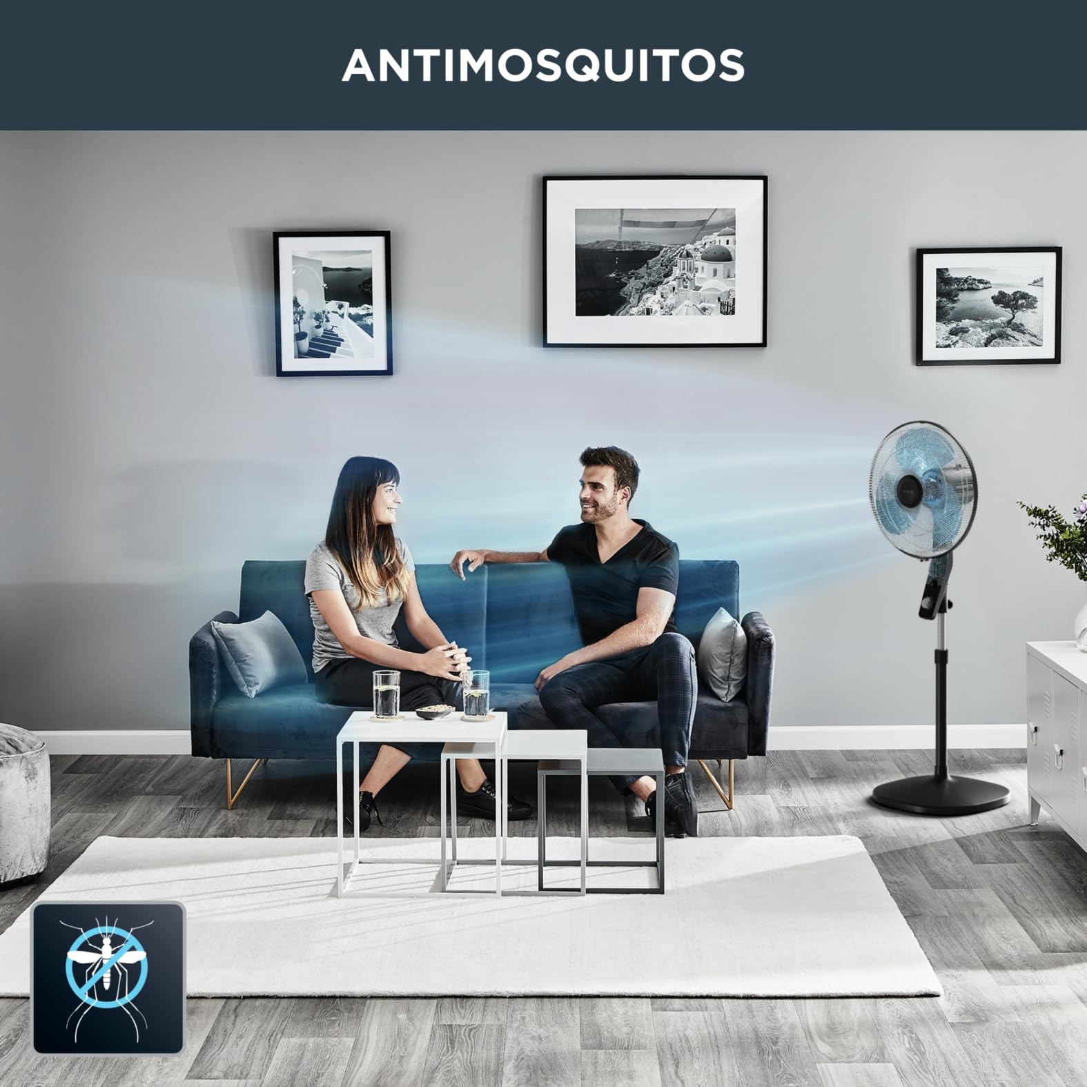 Rowenta Essential+ Ventilador de Pie Silencioso - Función Antimosquitos, Oscilación Automática, 3 Velocidades, Flujo de Aire 55 m³/min, Altura Ajustable hasta 130 cm, Bajo Consumo (Reacondicionado)