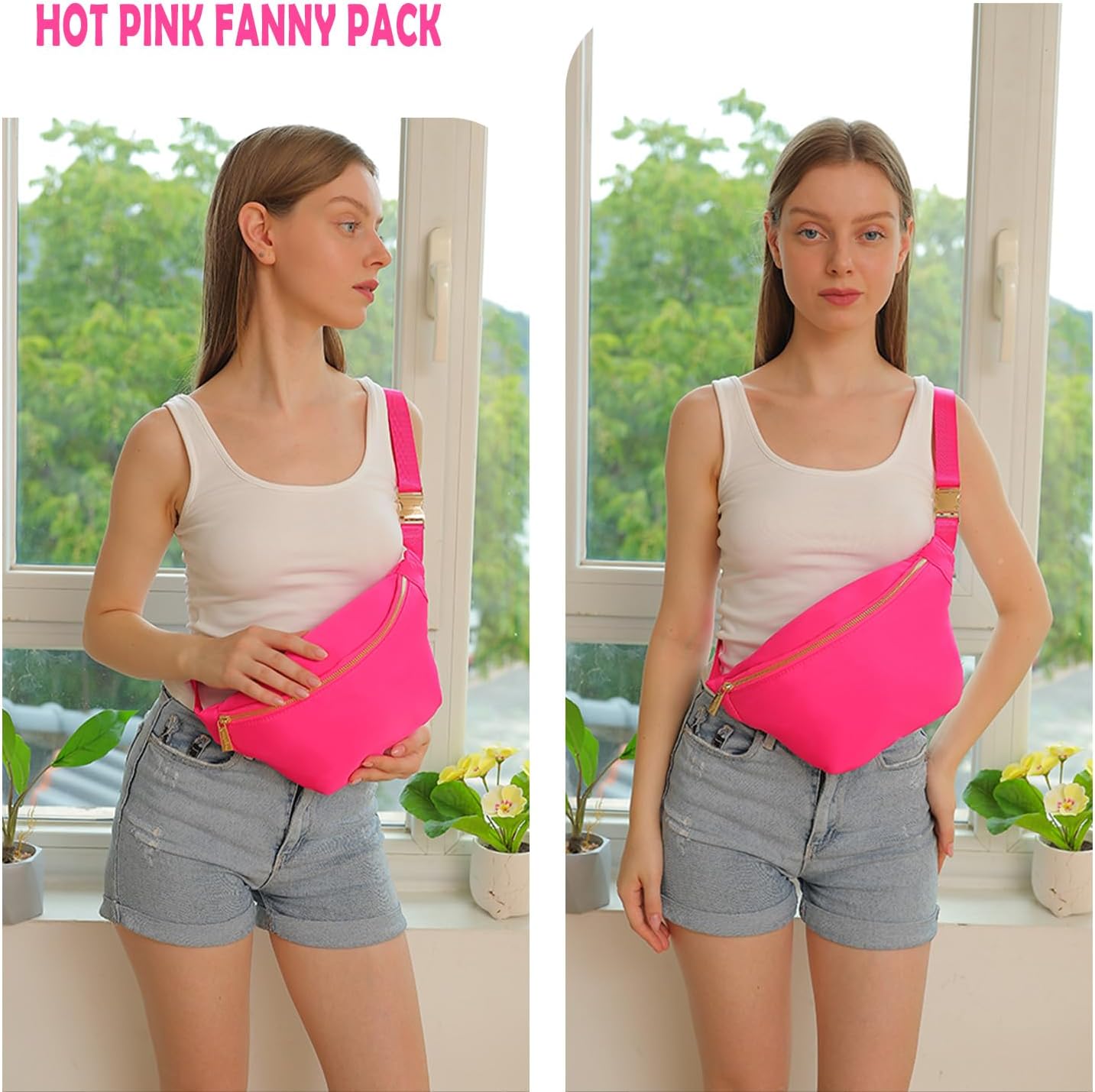 Waist Fanny Pack Women Belt Bag Nylon Travel Crossbody Sling Bag (HotPink) - Image 2