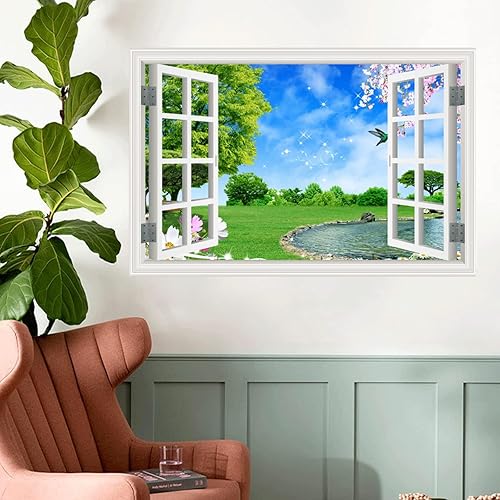 Miniatura 5 de Pegatina de pared de ventana falsa 3D con flores salvajes, naturaleza verde, paisaje, autoadhesiva, decoración de pared, árboles de vinilo, adhesivo