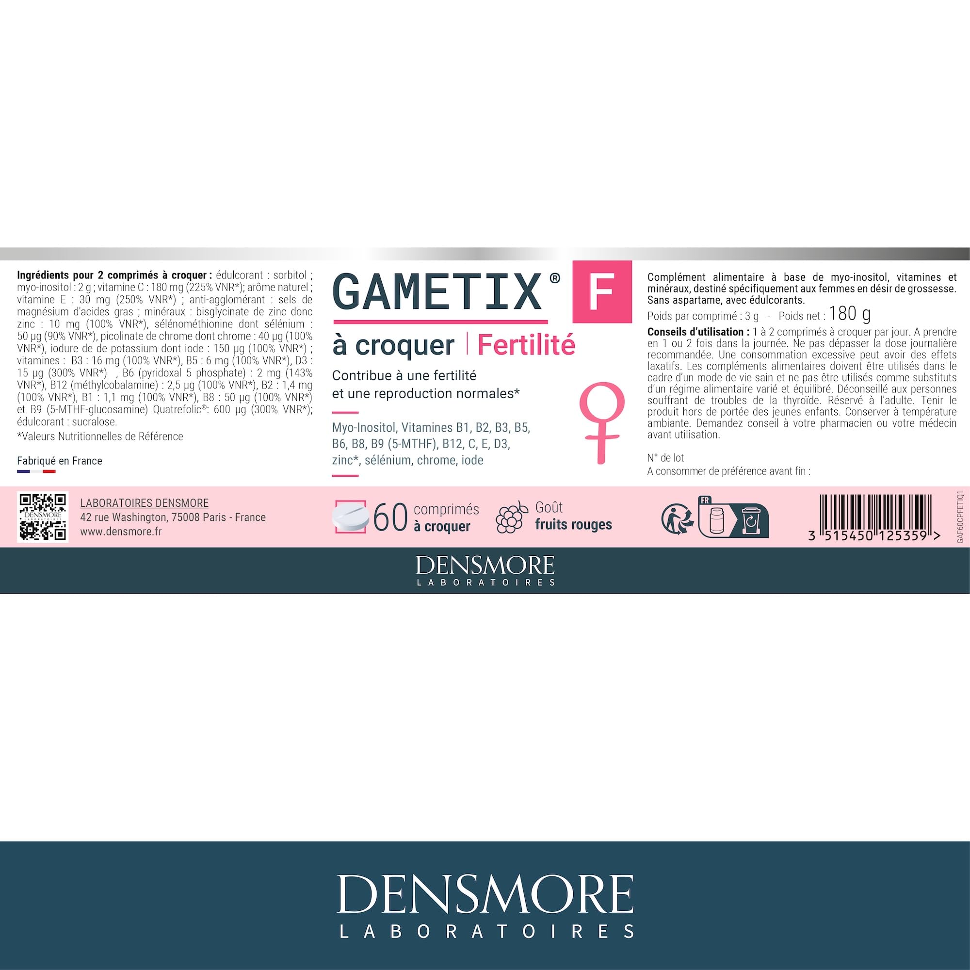 Densmore - GAMETIX F à Croquer - Complément Alimentaire Fertilité Féminine à base de Myo-Inositol, Acide Folique (Vitamine B9), Zinc, Vitamines - Goût Fruits Rouges - 60 Comprimés - Fabriqué en France