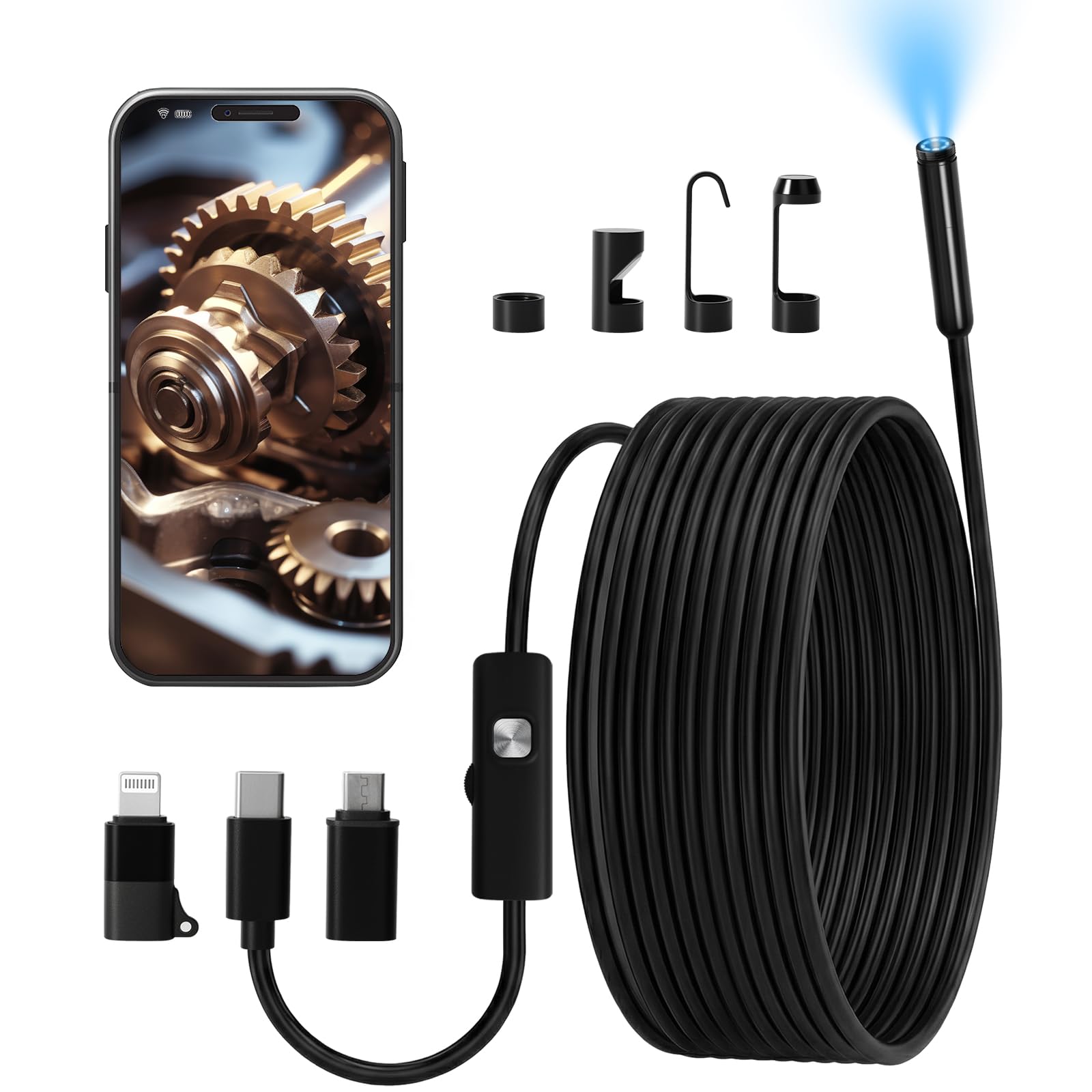 Endoscopio Cámara de Inspección, Camara Inspeccion para Tuberias, Endoscopio 1920P HD IP67 Lente con 8 Luces LED Ajustables, para Android y iOS, (5M, No Necesita WiFi)