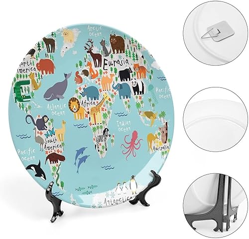 Miniatura 4 de XISUNYA Plato decorativo de 8 pulgadas, artesanía de cerámica para niños, mapa educativo del mundo, camello, lama, cocodrilo, koala, estampado de