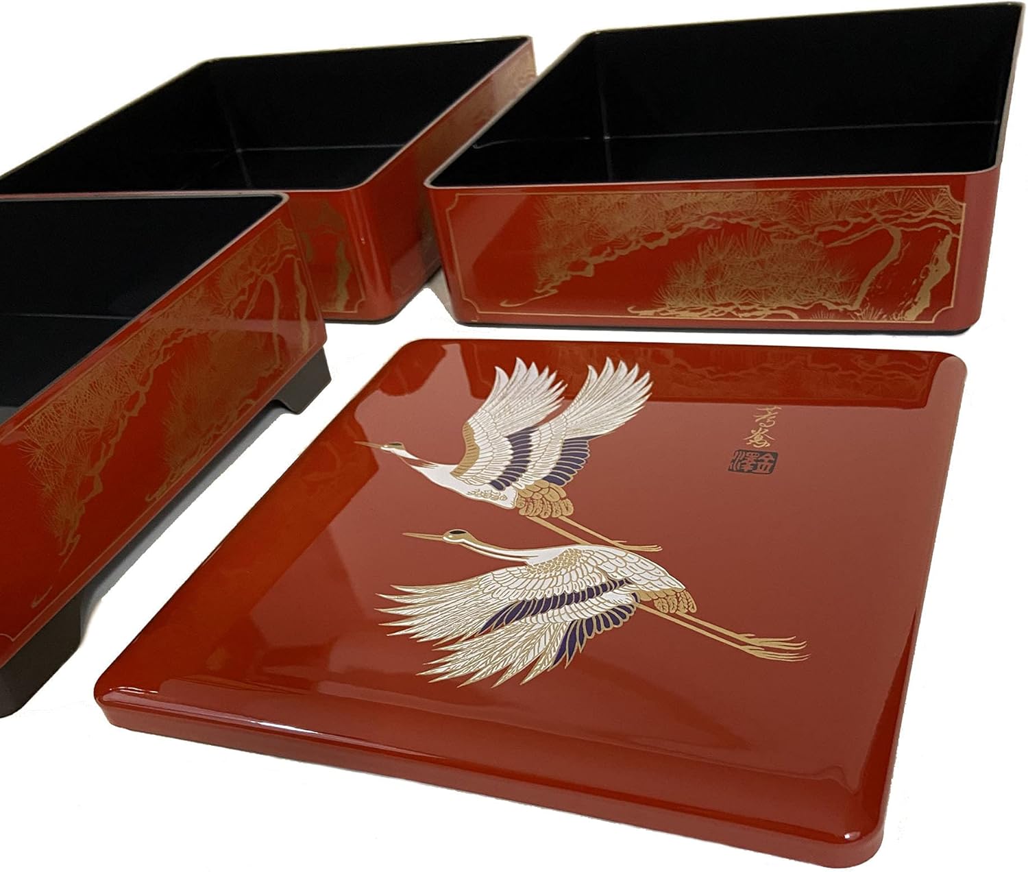 JapanBargain 4118, Jubako Box Japanese Traditional 3 Tiers Stack Box Food Candy Snack Container Bento Box Made in Japan, Plastic Lacquered, Red Crane, 1-Pack