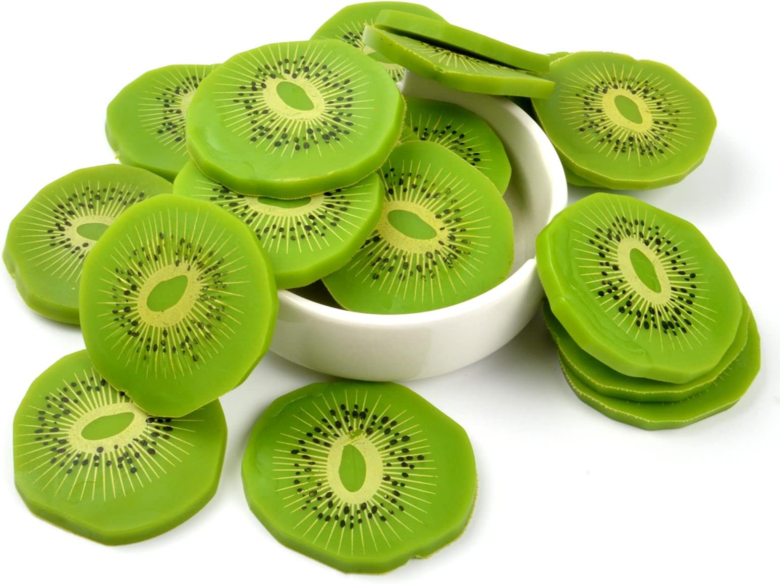 Plastic Kiwi Fruit Slices, 20 Pcs Fake Kiwi Fruit Slices, Realistic Artificial Fruit Simulation Kiwi Decor Lifelike Fake Green Fruits Home Party Decoration Photography Prop Basket Display Filler Fruit