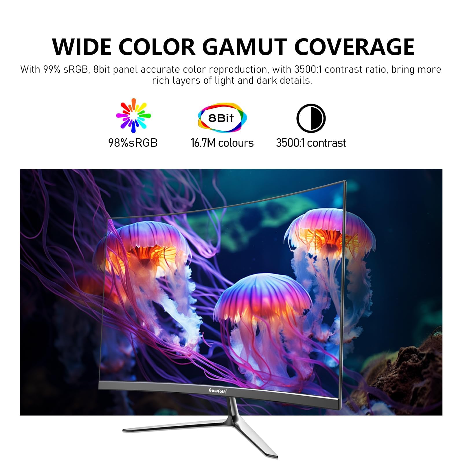 Gawfolk 24,5 Zoll Curved Monitor mit Eingebauten Lautsprechern, 3000R 120Hz PC Gaming Bildschirm Full HD 1920x1080P, HDMI 2.0, VGA, VESA 75 * 75mm
