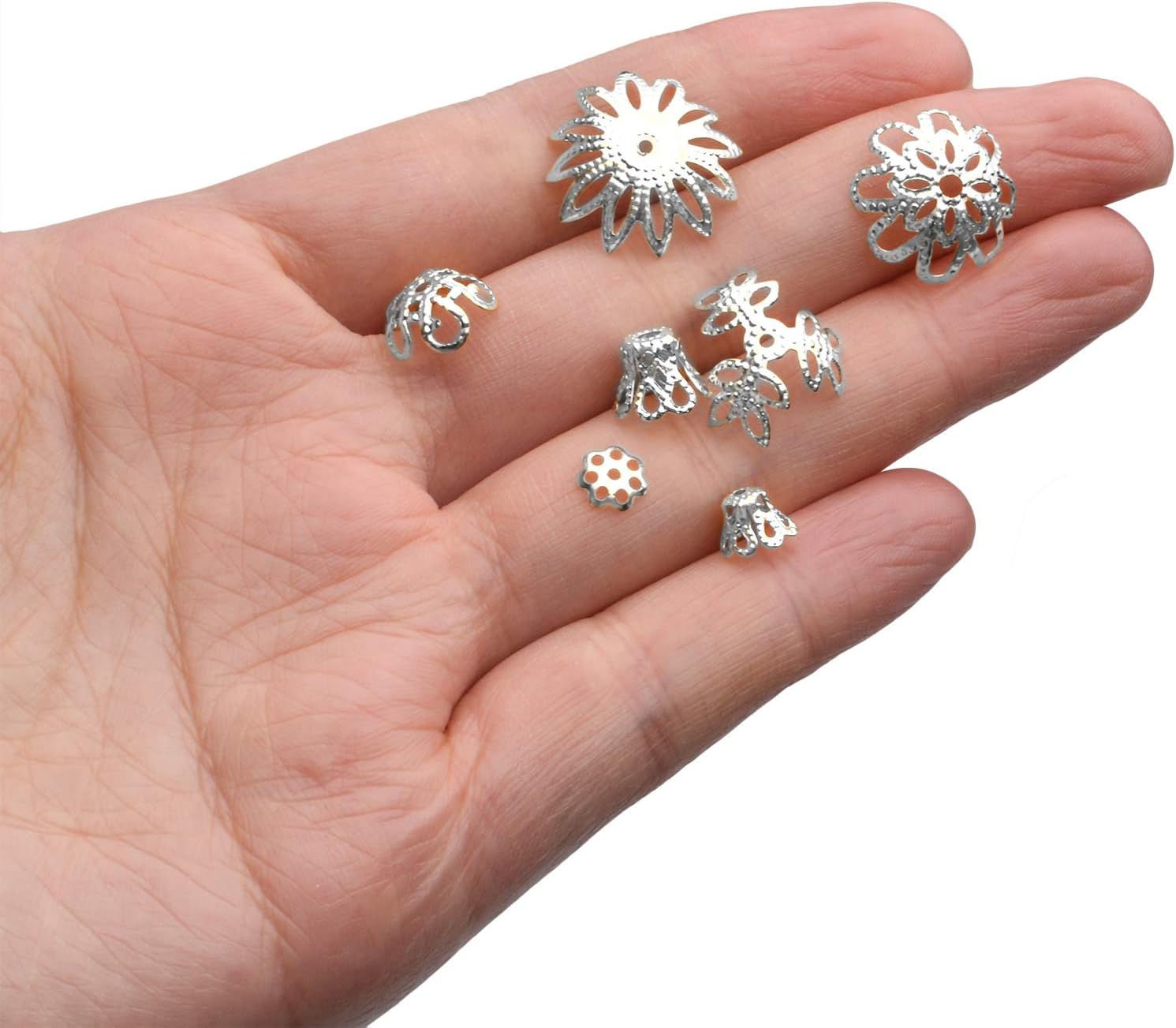 408pcs Flower Bead Caps Flower Bead End Caps Spacers Hollow Flower Filigree Spacer Tassel Charms Accessories with A Box for Jewelry Making DIY