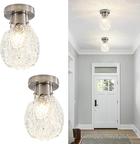 Lámpara de techo semiempotrada de vidrio vintage plateada, paquete de 2 lámparas de techo de vidrio martillado, pequeña lámpara de techo para sala