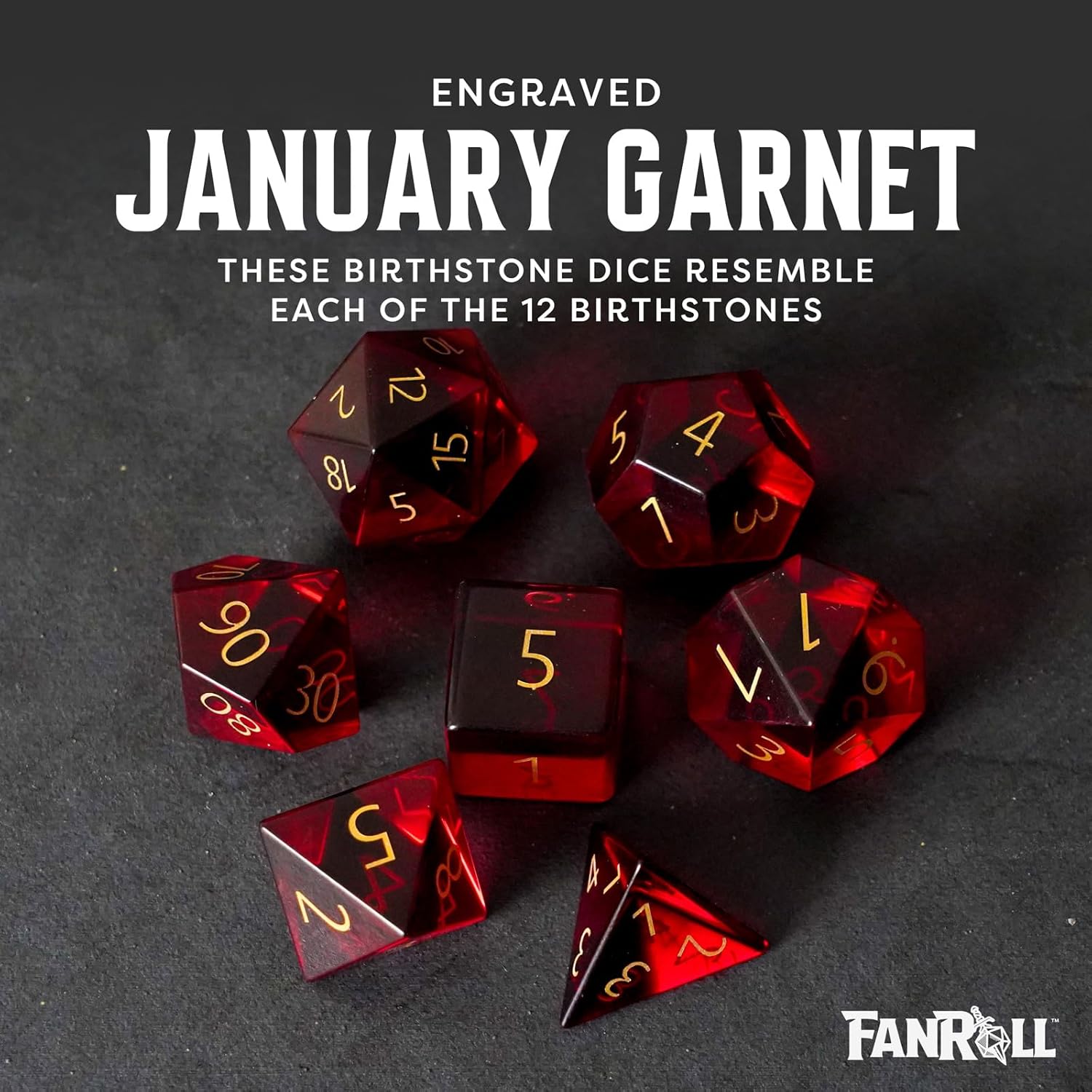 FanRoll 16mm Birthstone Stone Poly DND Dice Set: Engraved January Garnet, Role Playing Game Dice for Dungeons and Dragons