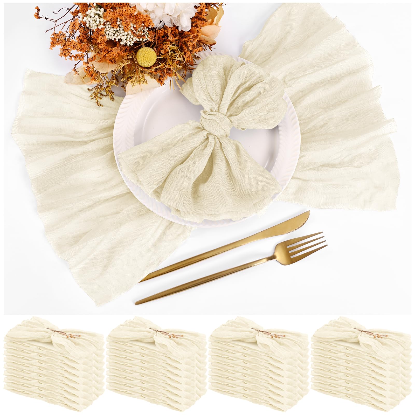 Teruntrue 30 Pack Ivory Cloth Napkins, 20 x 20 Inch, Set of 30, Gauze Napkins, Boho Dinner Table Napkins, Wedding Party, Birthday Party Decorations