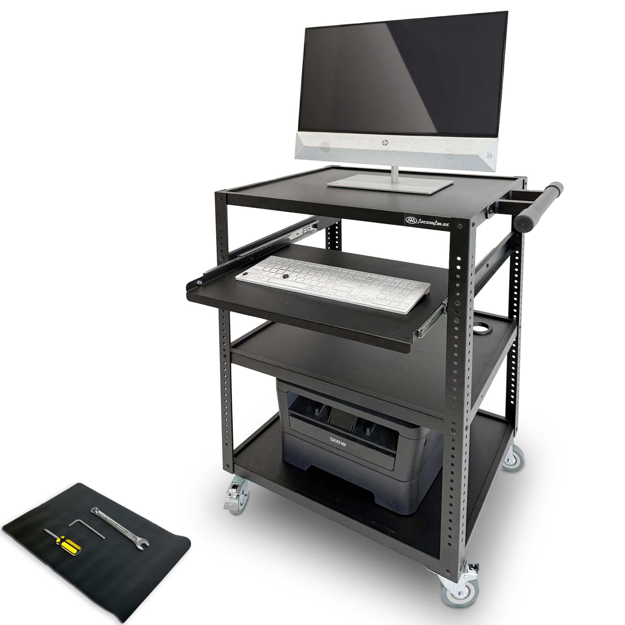 AxcessAbles Computer Cart on Wheels 400LB Capacity, Metal AV Equipment Utility Workstation, with Pullout Keyboard Tray, 2 Locking Caster Wheels.