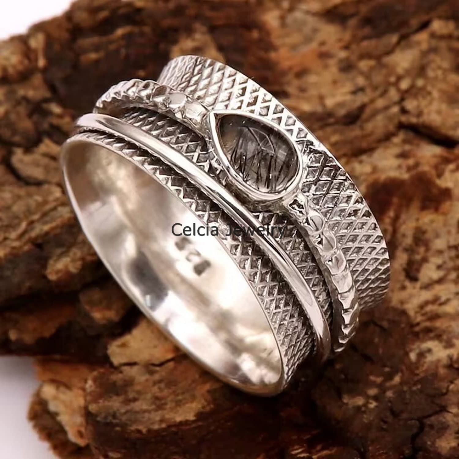 Anillo giratorio de cuarzo rutilado negro en plata, anillo de meditación para hombres y mujeres, anillo de regalo para el Día de la Madre (talla 7 de EE. UU.)