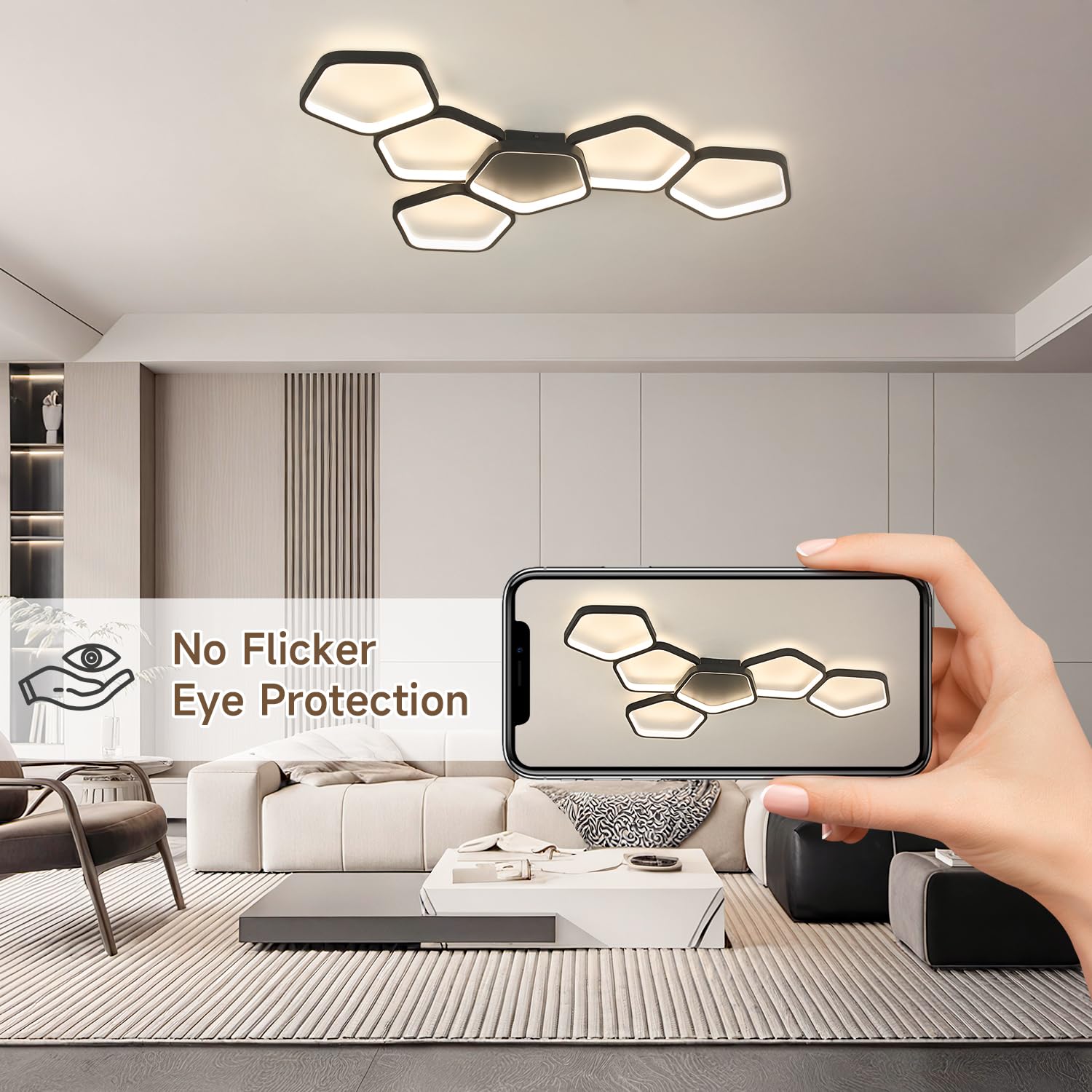 Lampara Techo Salon Regulable: 58W 3000k - 6500k Plafon LED Techo Moderna con Control Remoto y App para Dormitorio Cocina Comedor,Negro(90CM)