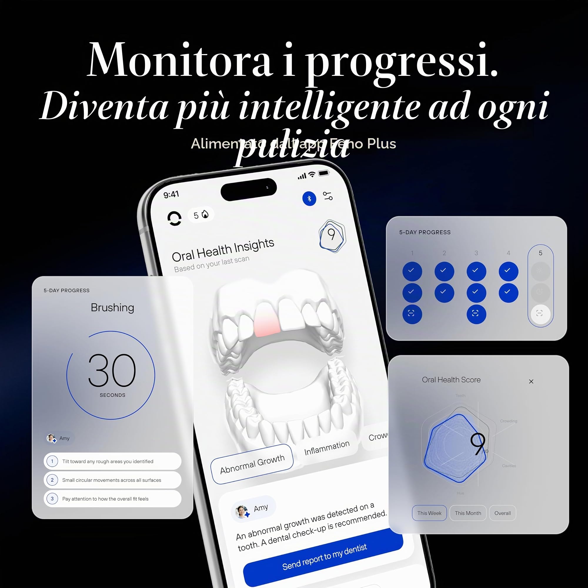 Feno Smartbrush Founders Edition Plus - Spazzolino elettrico alimentato dall'intelligenza artificiale con bocchino personalizzato, dentifricio in schiuma (3 tubi), raschietto per lingua e abbonamento