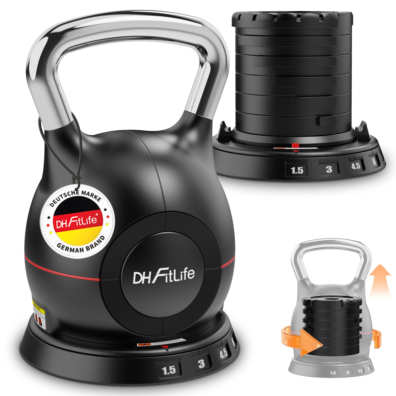 DH FitLife Kettlebell Regolabile 7 in 1 (1,5-10 kg) | Kettlebell con 7 Livelli di Peso | Manubrio per Allenamento a Casa & Fitness | Ideale per Allenamento Completo del Corpo | Compatto & Salvaspazio
