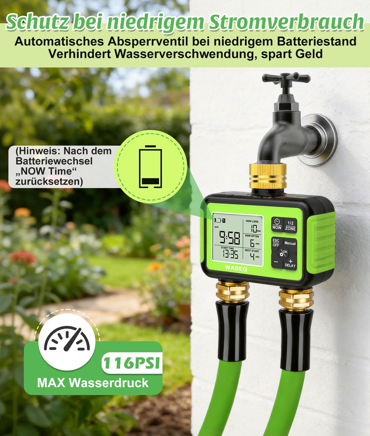 WADEO Bewässerungscomputer 2 Ausgänge, Messing-Einlass und -Auslass, LCD-Display, Automatische Bewässerung Wasser Zeitschaltuhr mit Auto/Manuell/Regenverzögerung Modus, für Garten Rasen