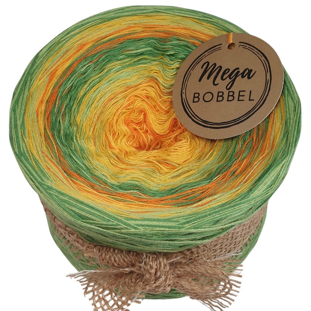 MegaBobbel*Strudel mit Grün & Gelb*A473* (Außenfarbe: Froschgrün+Blattgrün) Farbverlaufsgarn - Lace Garn Bobbel Wolle zum Häkeln & Stricken - 50% Baumwolle/50% Polyacryl (4 fädig, 3750m)