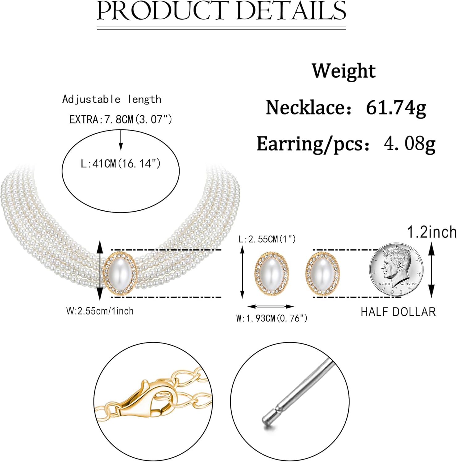 EVER FAITH 1920s Gatsby Faux Pearls Jewelry Set for Party, Crystal Simulated Pearl Vintage Inspired Chunky Choker Necklace Stud Earrings Sets for Women