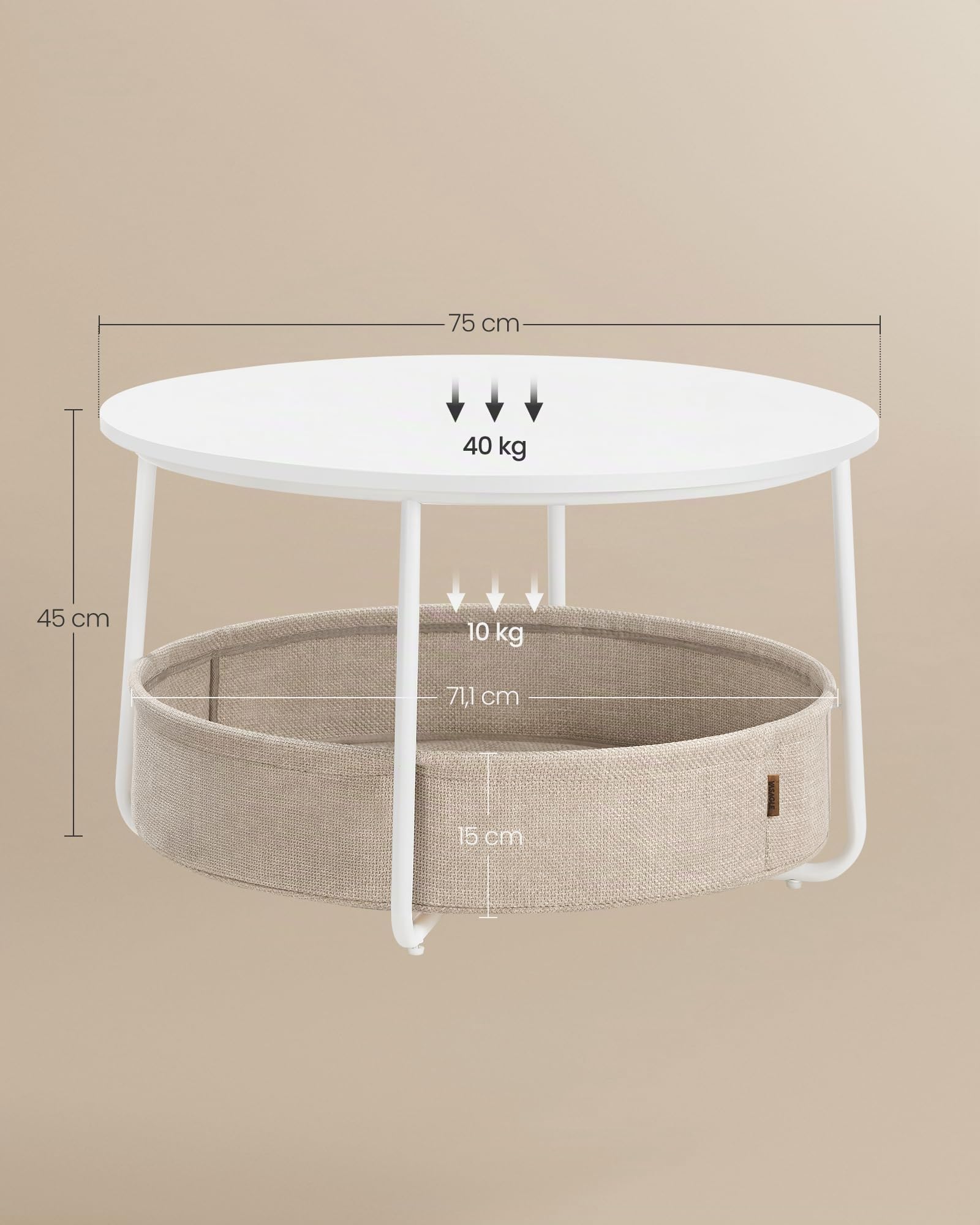 VASAGLE Mesa de Centro Redonda con Almacenamiento, Mesa de salón con Cesta de Tela, Estilo Moderno, Marco de Metal, Blanco Mate y marrón Camel LCT244W10