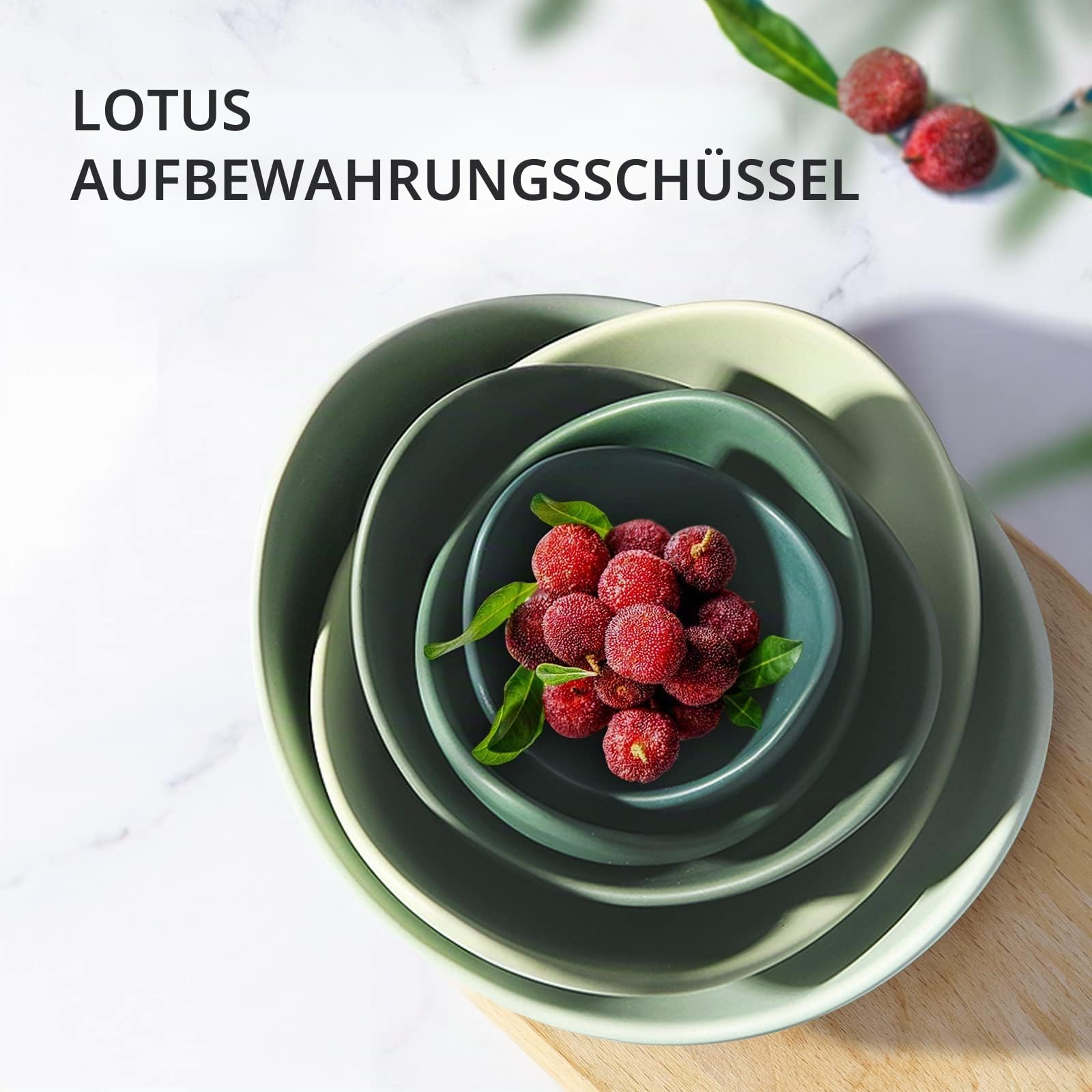 Notakia 5-teiliges Schüsselset aus Porzellan, Lotusform, Grün | Stapelbare Servierschalen im Lotus-Design für Salat, Müsli, Pasta, Obst und Snacks, spülmaschinen- und mikrowellengeeignet